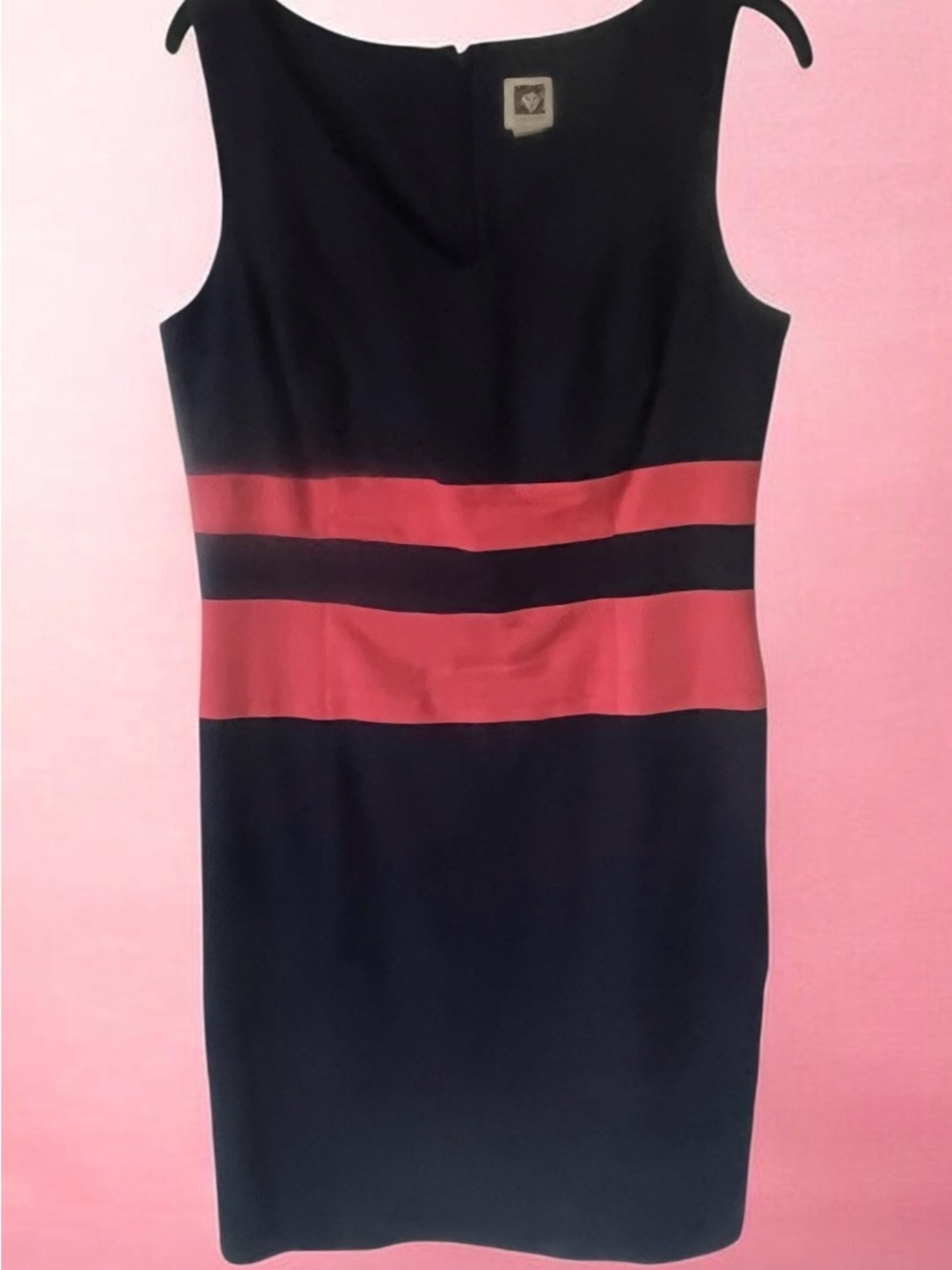 Anne Klein Navy Sheath Dress with Rose Pink Band Accents